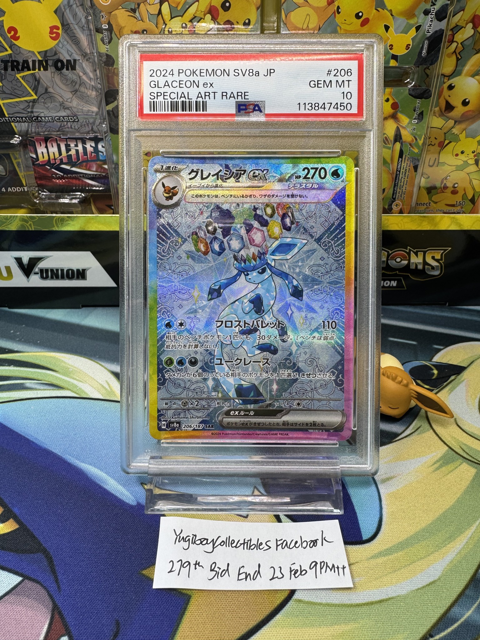 Glaceon PSA auction reference with handwritten bid ending note